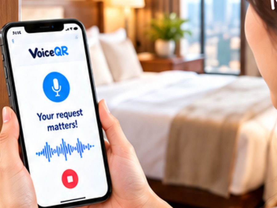 A hotel guest recording a voice message by scanning a VoiceQR code on her room door